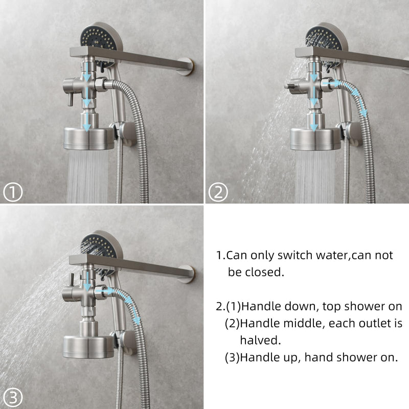 Shower Flow Control Valve G1/2" Brass 3 Way Shower Diverter Valve for Hand Shower and Shower Arm, Brushed Nickel, DSF007NA