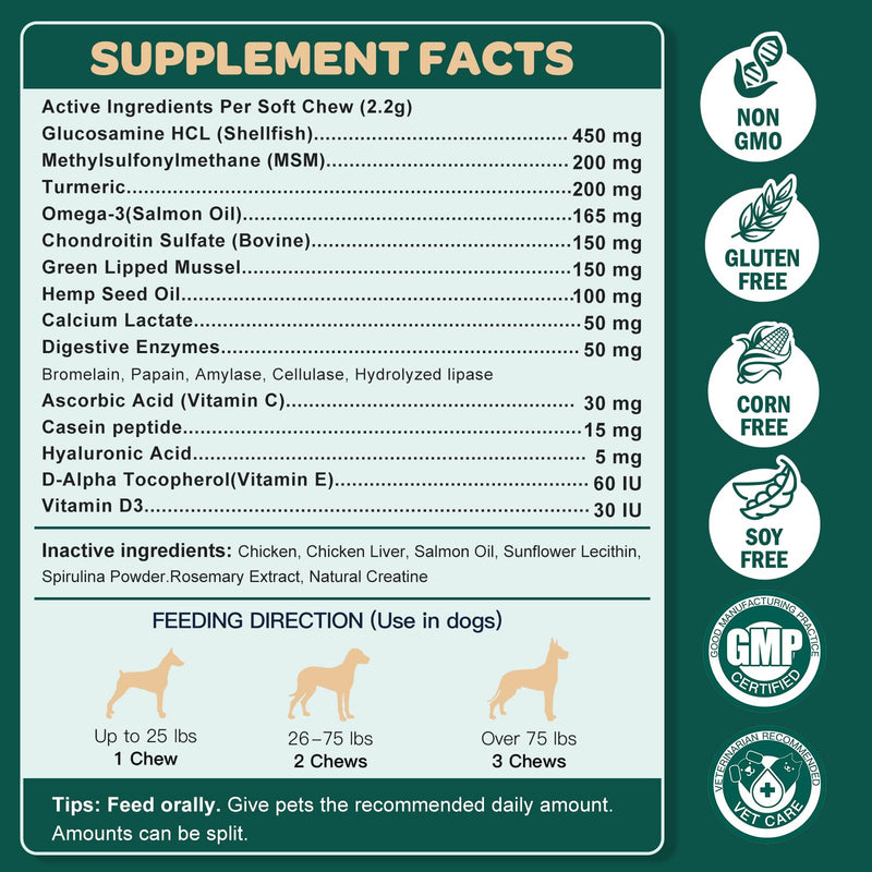 Glucosamine for Dogs, Hip and Joint Supplement for Dogs with Chondroitin, MSM, Turmeric, Omega-3 & Calcium, Dog Glucosamine Supports Pain Relief, Mobility & Comfort, Chicken Flavor, 120 Soft Chews 120 CHEWS