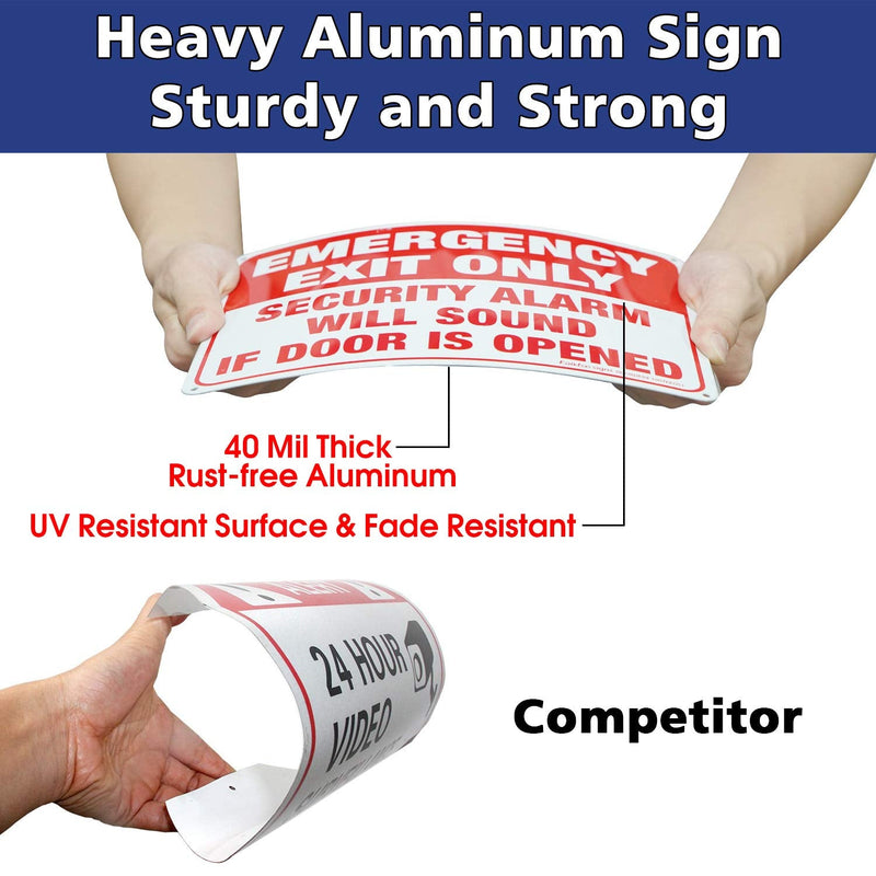 Emergency Exit Only - Security Alarm Will Sound If Door Is Opened Sign, 2 Pack, 10 x 7 inch .40 Rust Free Aluminum, UV Protected, Weather Resistant, Waterproof, Durable Ink, Easy to install Red and White- Aluminum - 2 Pack