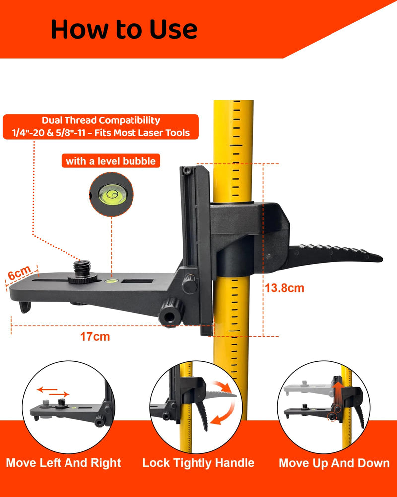 Mounting Bracket Clamp with 1/4"-20 Male Thread and 5/8"-11 Adapter, Adjustable Laser Level Pole Clamp with Bubble Level for Rotary and Line Lasers, Heavy-Duty Bracket for Telescoping Poles