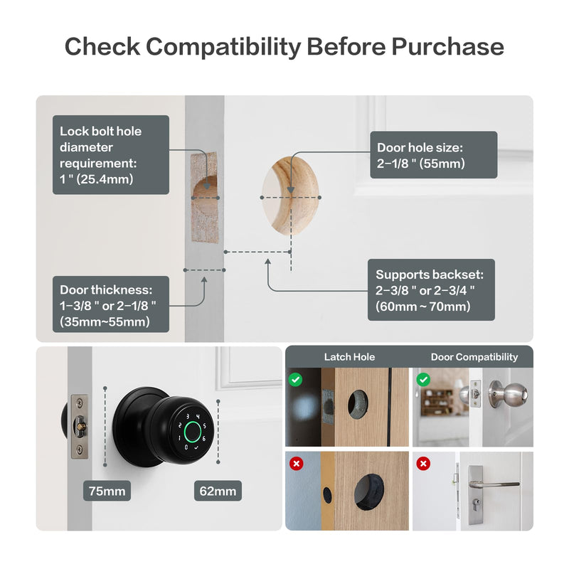 Lockin 4 in 1 Fingerprint Door Lock, Smart Door Knob with Lock, Biometric Door Lock with App Control & Key, Auto Door Lock with Code, Keyless Entry Door Lock for Bedroom, Front Door, Hotel, Apartment Modern