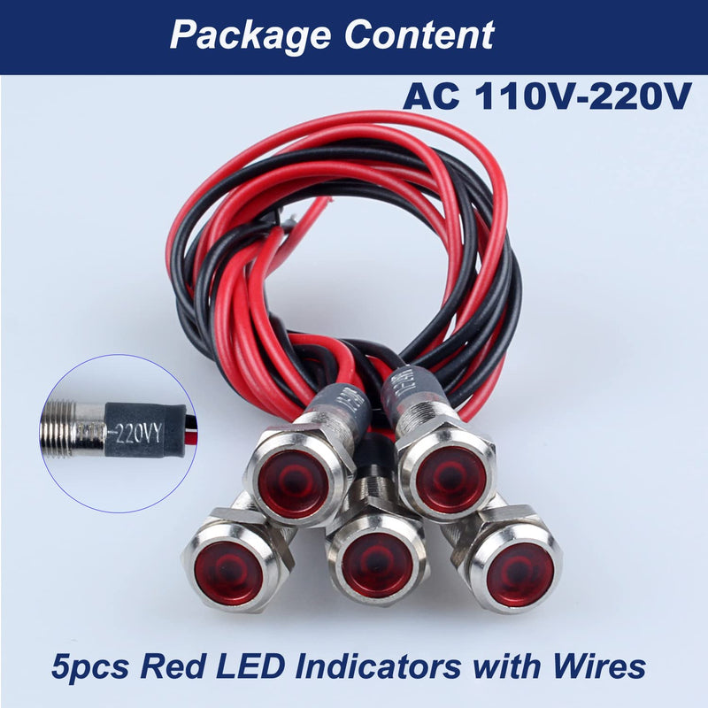 5 Pcs 6mm 110V-220VAC Metal LED Indicator Light Mounting Hole 1/4" 20mA Energy Saving Signal lamp Waterproof IP67 with Wire for machine tools household appliances etc. Red LED