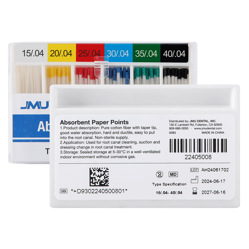 JMU Absorbent Paper Points .04 Taper #15-40 Assorted, Spill-Proof Box, 100pcs/Pack