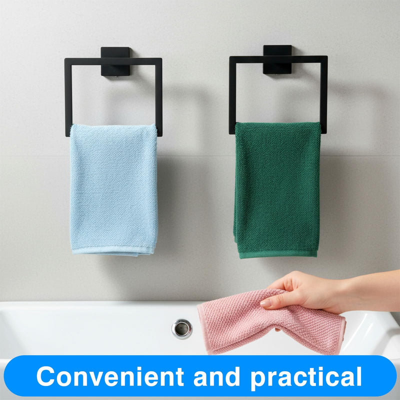 2 Pack Matte Black Towel Ring, Stainless Steel Hand Towel Holder, Modern Square Wall Mounted Bathroom Rack Hangers