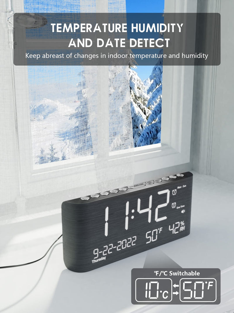 Wooden Digital Alarm Clocks for Bedrooms, Bedside Desk Clock with Day and Date, USB Charging Port, Temperature & Humidity Detect, Weekday/Weekend Mode, Dual Alarm, 2-100% Brightness Dimmer, 12/24H Darkgray