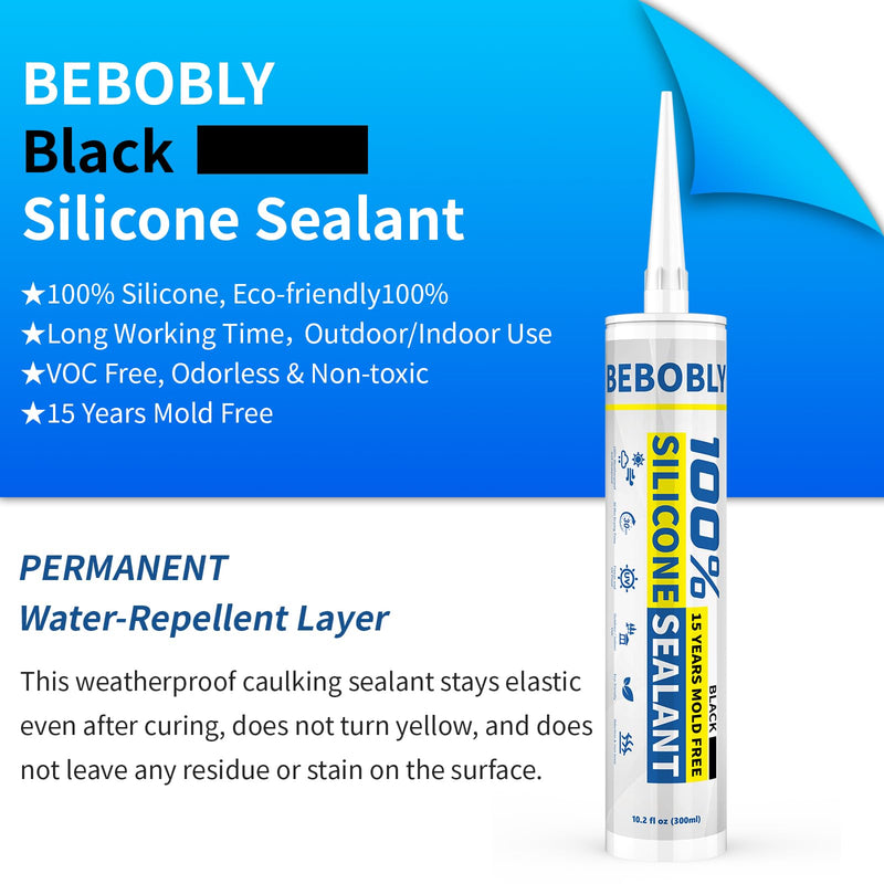 Black Silicone Caulk & Sealant, 100% Waterproof Silicone Caulking, Silicone Sealant Caulking for Kitchen, Bathroom, RV, Interior & Exterior Use, Shrink & Crack Proof, 10.2 FL. OZ/300ML, 1 Pack