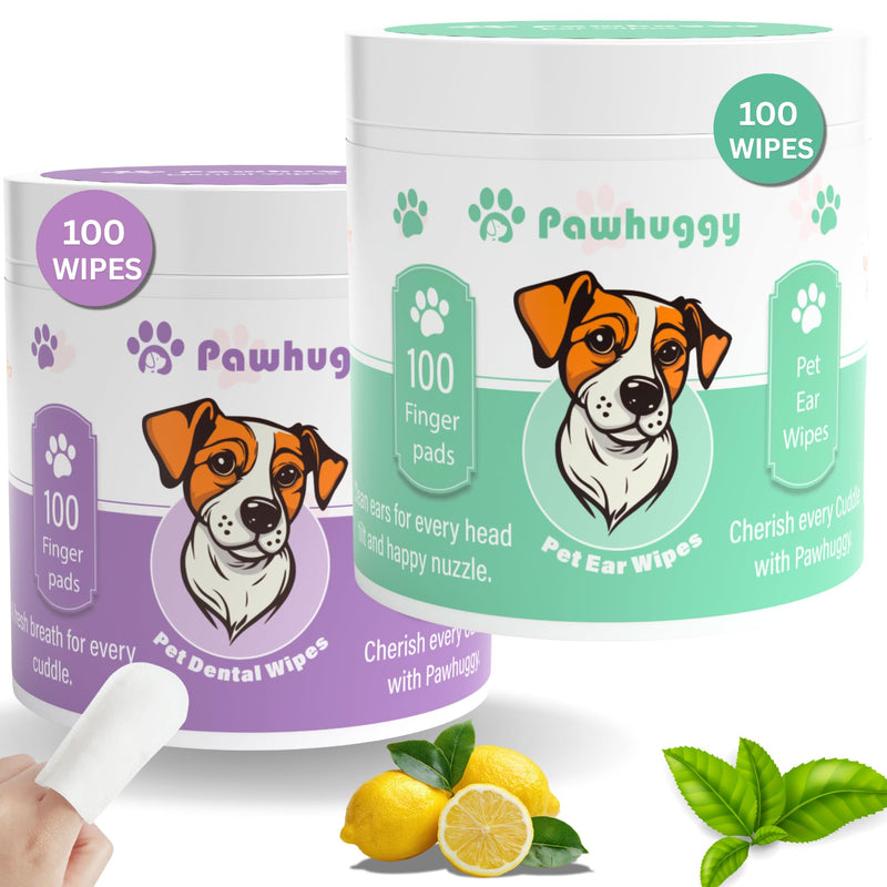 Pet Dental & Ear Cleaning Wipes Bundle for Dogs & Cats – 100 Finger Wipes Teeth Cleaning Toothpaste Alternative + Pet Ear Wipes for Dog Ear Infection Treatment, Wax Removal, Odor Control & Itch Relief