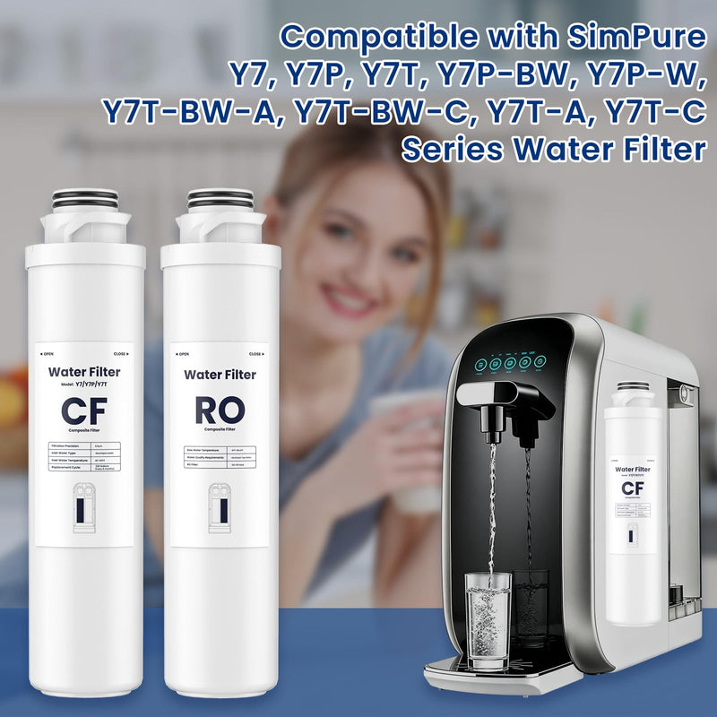 CF & RO Filter Replacement Cartridge Set Compatible with SimPure Y7T, Y7, Y7P-W, Y7P-BW Countertop Reverse Osmosis Water Filtration System, 2-Pack (1 CF + 1 RO), 100 GPD, 6-Month Service Life