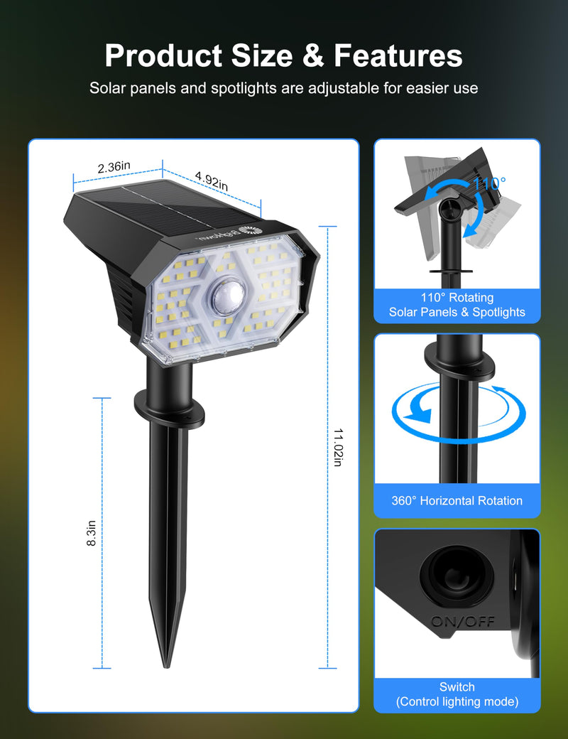 Brightown 4 Pack Solar Motion Lights Outdoor Waterproof, Motion Sensor Spot Lights- 58 LED/3 Modes Solar Powered Spotlights 2-in-1 Auto On/Off for Outside Yard Wall Garden, Cool White