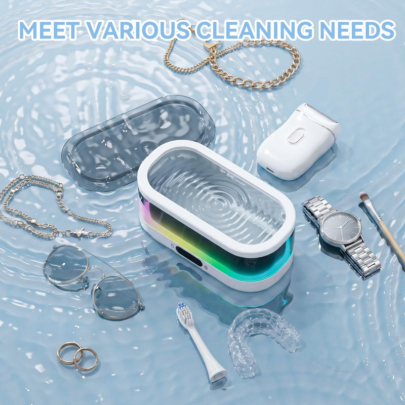 Ultrasonic Jewelry Cleaner with RGB Ambient Light, 48KHz Ultrasonic Cleaner for Jewelry, Glasses, Retainers, Dentures, Rings & Watches, 350ML SUS304 Stainless Steel Cleaning Machine, White