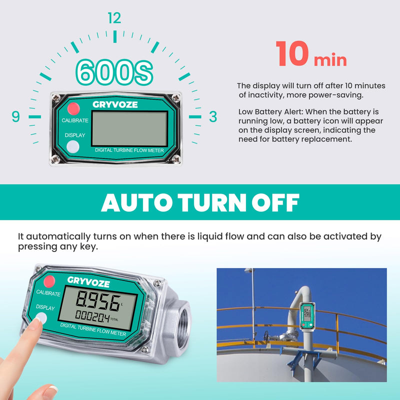 3/4 Inch Digital Turbine Fuel Flow Meter, 0.8-13.2 GPM Inline NPT Thread Flowmeter for Water, Diesel, Gas Oil, Gasoline, Kerosene, Methanol, and Other Liquids-Supports Gallon, QTS, PTS, L, m³