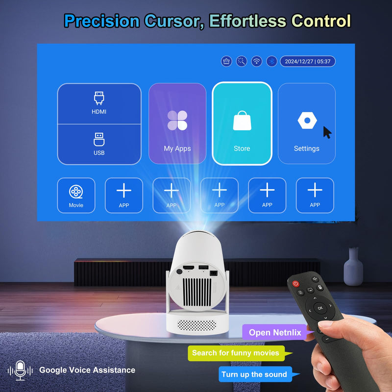 Mini Projector 4K support with Dual-Band WIFI6 5G Wireless 5.4 Bluetooth Android 11, Soundbase Speaker, Auto Vertical Keystone 180°Rotatable Portable Projector for Home Bedroom Outdoor White