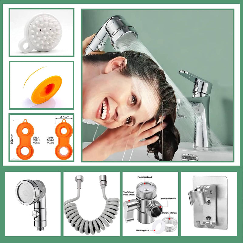 Sink Faucet Hose Sprayer Attachment handheld Sink Sprayer with ON/Off & 7 Adapters Extension Shampoo Hose Shower Head for Hair Washing Baby Bath Pet Rinse (6.5ft Silver Sink Shower Set) 6.5ft Silver Sink Shower Set