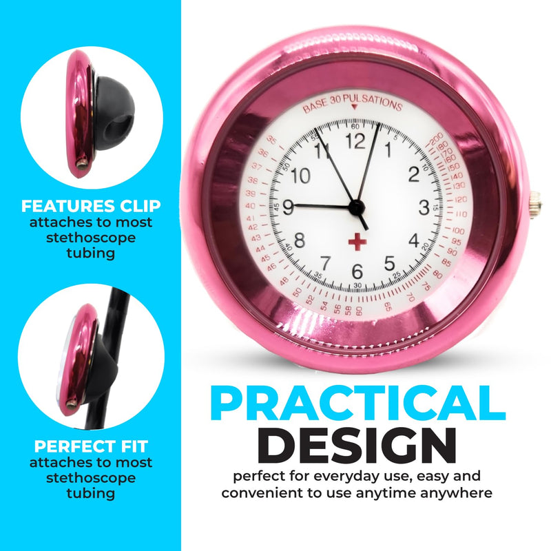 Nurse Stethoscope Watch - Lightweight Metal Frame- Attaches Directly to Stethoscope for All Medical Professionals - Pink