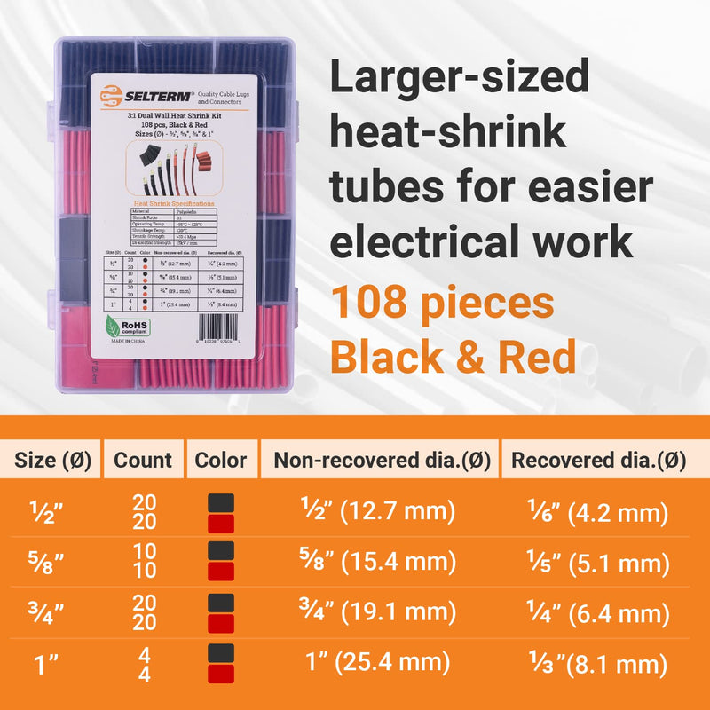 SELTERM Large Size Marine Grade Heat Shrink Tubing Kit 1, 3/4, 1/2, 5/8 Inch Assortment, 3:1 Dual Wall Adhesive Lined, for Battery Cable Lugs Wire Terminal Connectors – Black & Red [108 pcs]