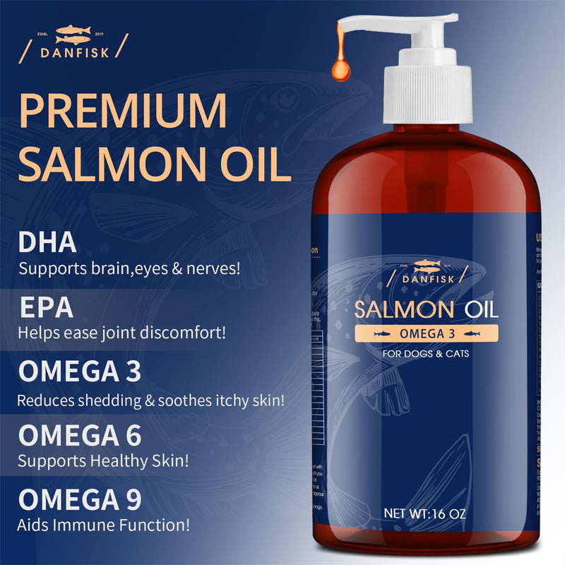 DANFISK Salmon Oil Formula with Omega 3, Fish Oil for Dogs Supplement, Skin & Coat Dog Oil, Itchy Relief, Immune Support for Joints & Heart, Food Topper, 16 oz. 16oz