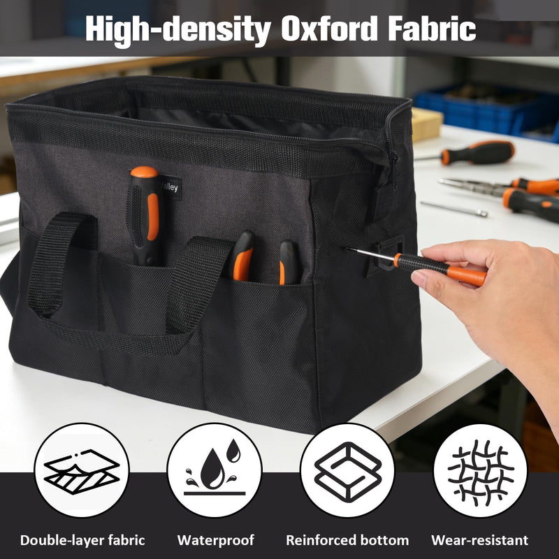 Tool Bag Organizer, Waterproof Oxford Tool Tote Organizer, Reinforced Bottom for Electrician, Mechanic & Carpenter | Tool Storage for Men (Black,16Inch) 16Inch