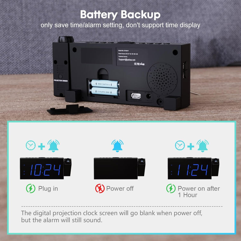OnLyee Projection Alarm Clock for Bedroom, LED Digital on Ceiling Wall with USB Phone Charging, Battery Backup, 180° Rotatable Projector & Dimmer, 12/24H, DST, Snooze, Dual Loud Bedside Heavy Sleeper Black