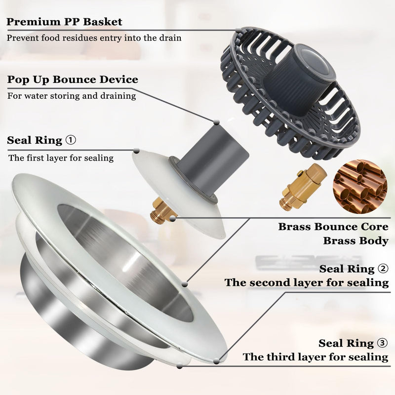 3 in 1 Kitchen Sink Stopper, Pop Up Kitchen Sink Drain Strainer, with An Extra Basket Strainer, Kitchen Sink Drain Stopper for US Standard 3-1/2 Inch, Brass Material Electroplate Silver