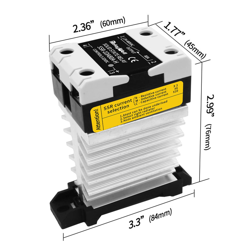 Solid State Relay, 80A DIN Rail SSR Relay with Radiator, DC to AC, 24vac Relay, relays (Input 3-32VDC Output 24-480VAC) 80DA