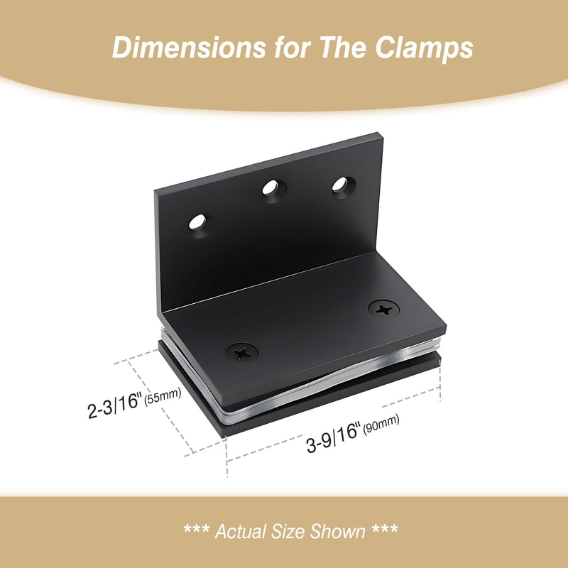 Glass Clamp, Heavy Duty Solid Brass Shower Clip for 5/16" to 1/2" (8-12mm) Glass, Wall or Floor Installation, Matte Black 90 Degree_C