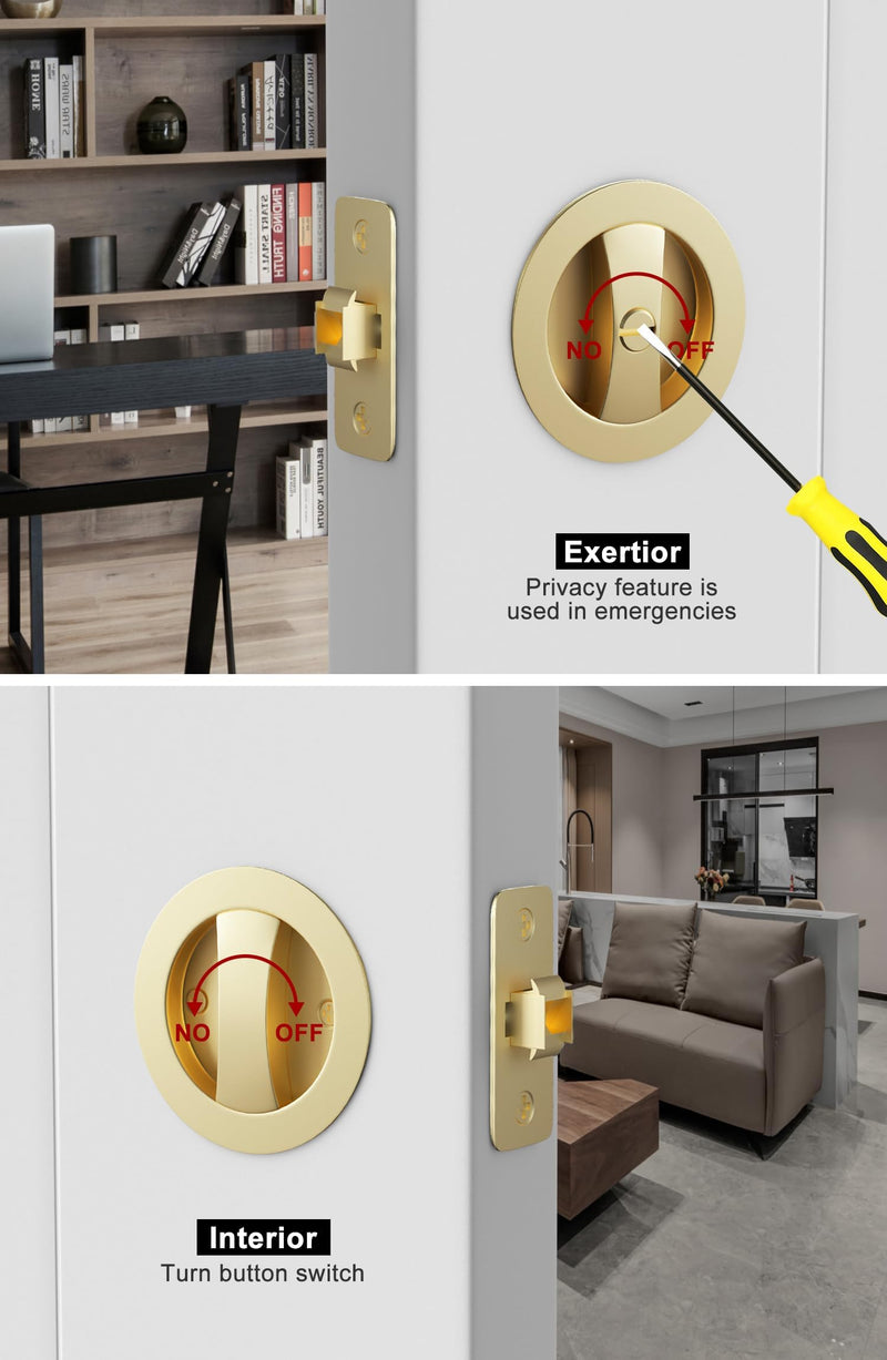 goldenwarm Brushed Gold Pocket Door Lock, Zinc Alloy Gold Pocket Door Hardware(2-3/8" Backset), Pocket Door Handles Round Pocket Door Locks for Bathroom for Closet Door Lock - 1 Pack