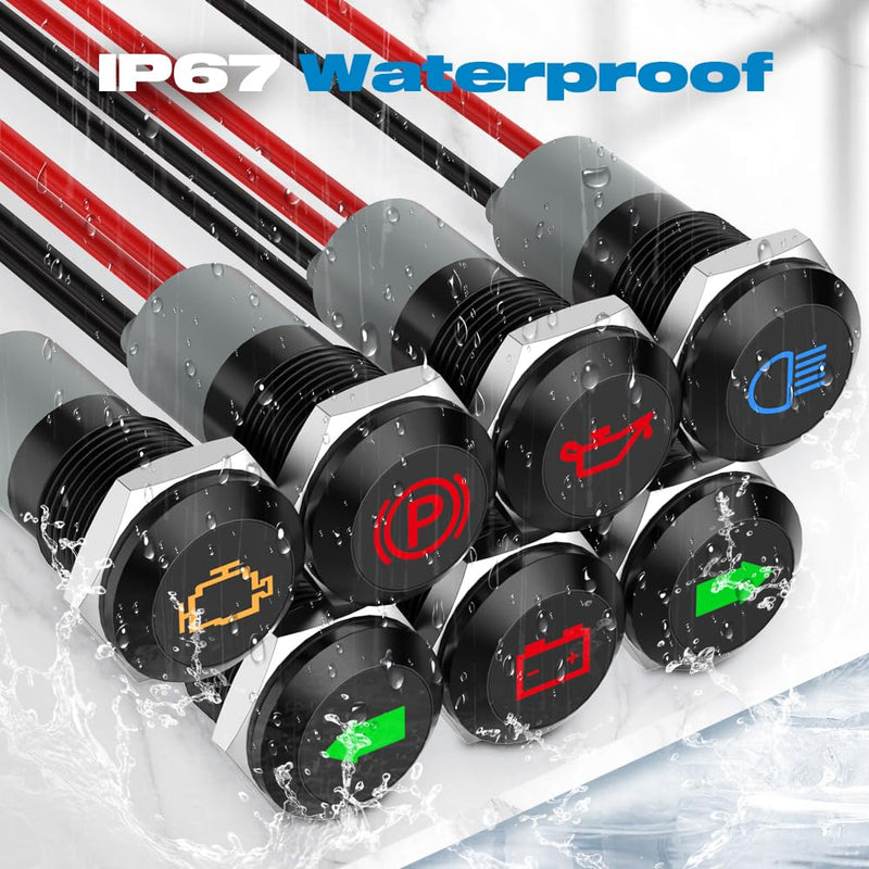 Indicator Light, 12V LED Small Indicator Light Waterproof 1/2" Panel Cutout 12V 24V Metal LED Indicator Pilot Dash Light with 145MM Wires -7PCS
