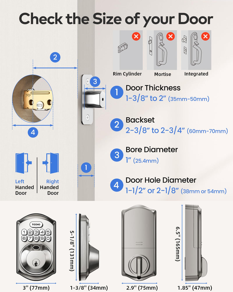 TEEHO TE012W WiFi Smart Lock, Fingerprint Door Lock with Built-in Wi-Fi, Keyless Entry Keypad Smart Deadbolt, App Remote Control, Alexa Compatible, IP55 Waterproof for Front Door – Satin Nickel