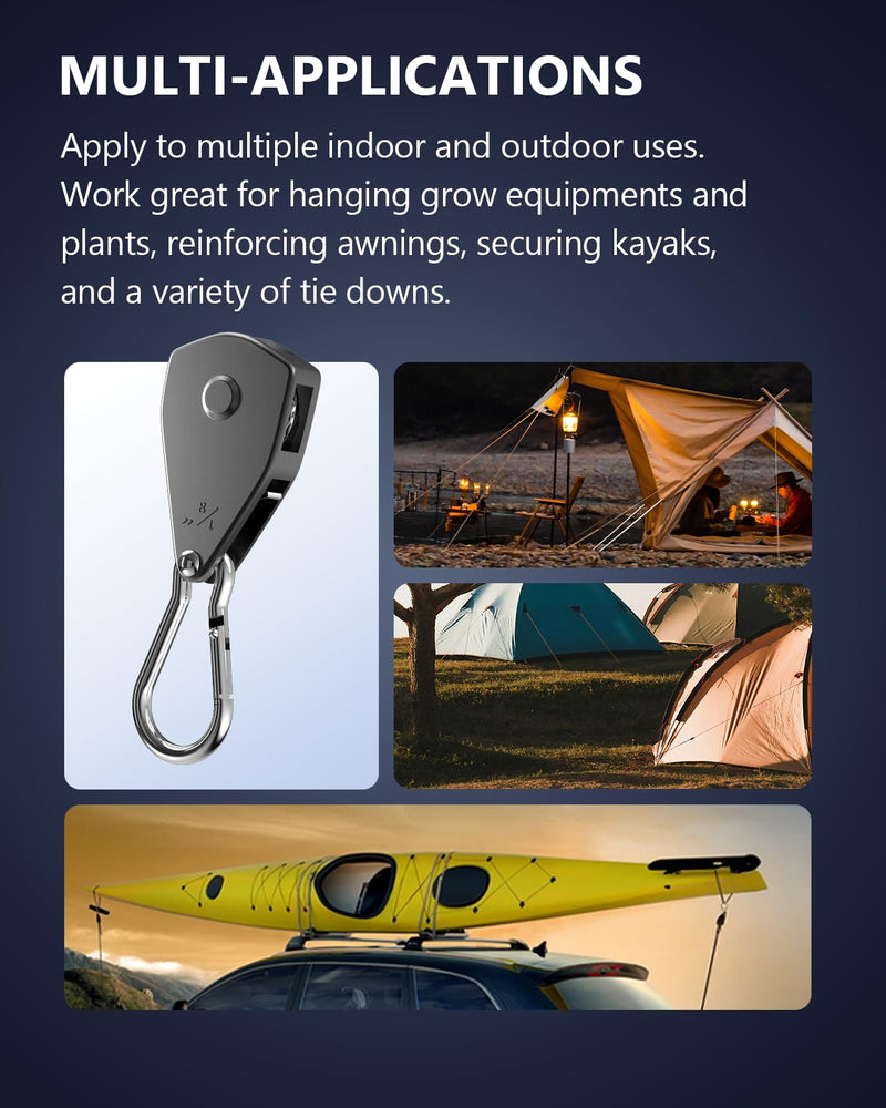 VIPARSPECTRA Retractable Heavy Duty Ratchet Tie Down Straps [4 Pack, 8ft, 75lbs/Pack], Rope Pulley System with Carabiner Hook for Hanging Plants/Grow Light/Tents Various Tie-Down Uses 1/8" 4-Pack