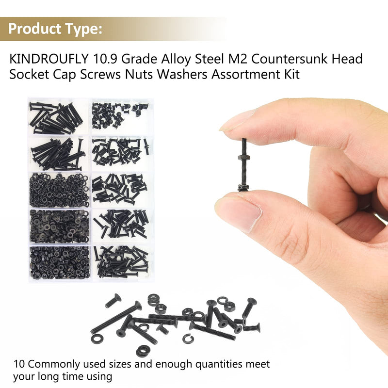 562 Pieces Black M2 x 4/6 /8/10 /12/16 /20mm Countersunk Head Socket Cap Screws Nuts Washers Assortment Kit, 10.9 Grade Alloy Steel