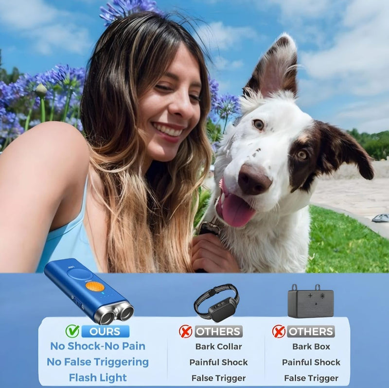 Dog Bark Deterrent Device 3 in 1 Ultrasonic Anti Barking Device with Dual Emitters 50ft Range Rechargeable Portable Training Tool with 2X Power Safe Bark Control for All Breeds Indoor outdoor (BLUE) BLUE
