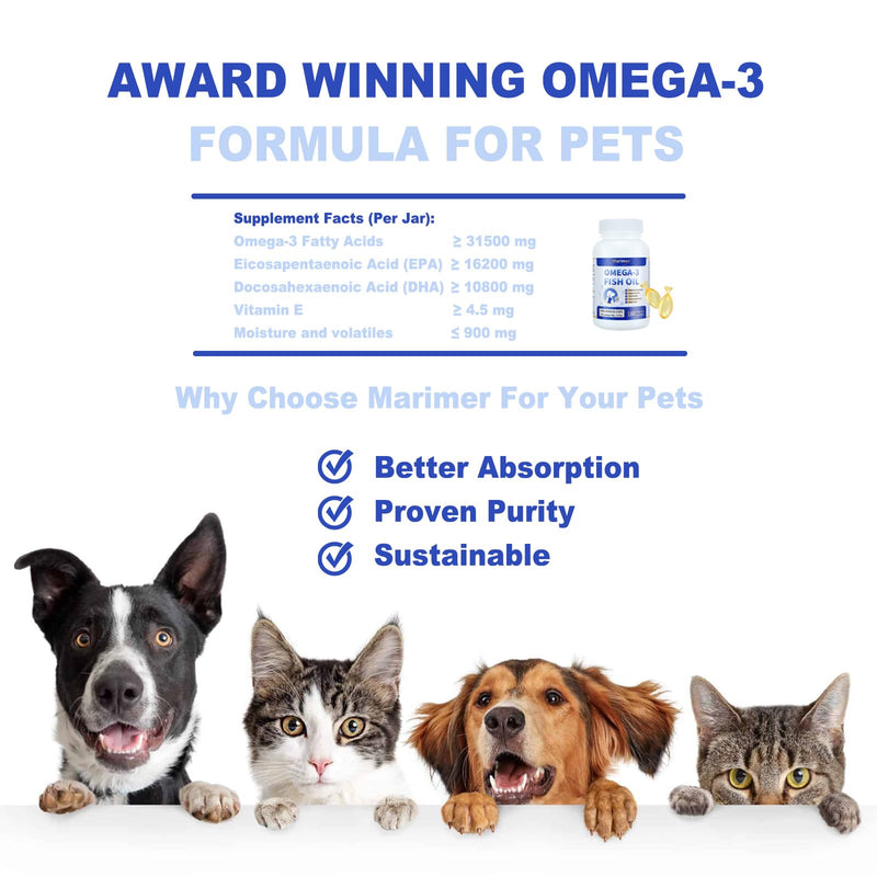 MARIMER Snip Tips Omega-3 Fish Oil for Cats for Dogs – EPA & DHA with Vitamin E – Liquid Soft Gels You Can Snip & Pour – Supports Heart, Skin, Coat, Joint & Immune Health – 180 Softgels