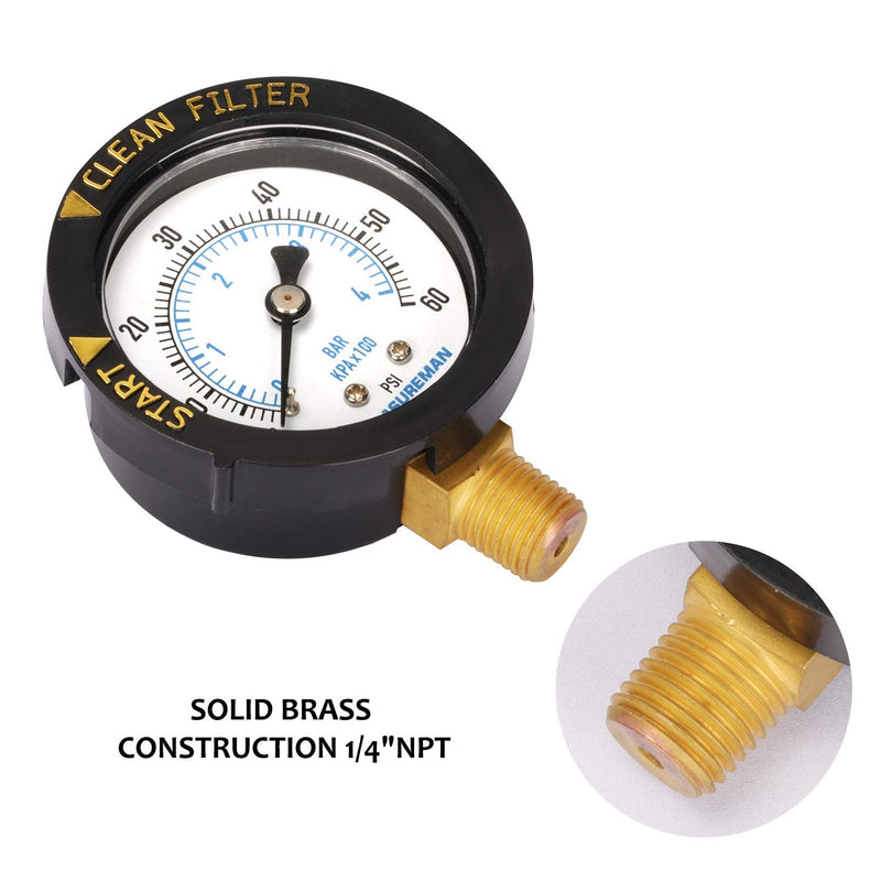 MEASUREMAN 2" Start and Clean Filter Pressure Gauge, Swimming Pool Filter Pressure Gauge, Spa, Aquarium, Water Pressure Gauge, 1/4" NPT Lower Mount 0-60Psi/bar Lower 60psi/bar Start and Clean