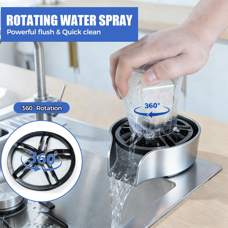 Glass Rinser for Kitchen Sink, High Pressure 360 Degree Rotating Glass Rinser with Pull-Out Spray Gun, Cup Washer Kitchen Sink Attachment Silver