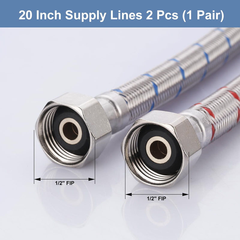 ARCORA 20-Inch Length Faucet Hose Connector,Braided Stainless Steel Supply Lines 1/2 Inch FIP x 1/2 Inch FIP Sink Hose Attachment for Faucet 1 Pair 20 Inch