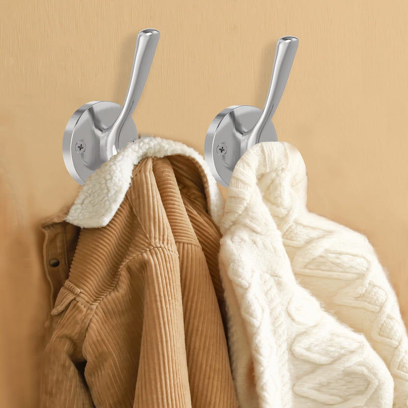 Brushed Nickel Wall Hooks Towel Hooks, 2 Pack Coat Robe Hook Heavy Duty Bathroom Double Hook Wall Mounted, Hand Towel Hooks for Closet Entryway Cubicle Kitchen Silver