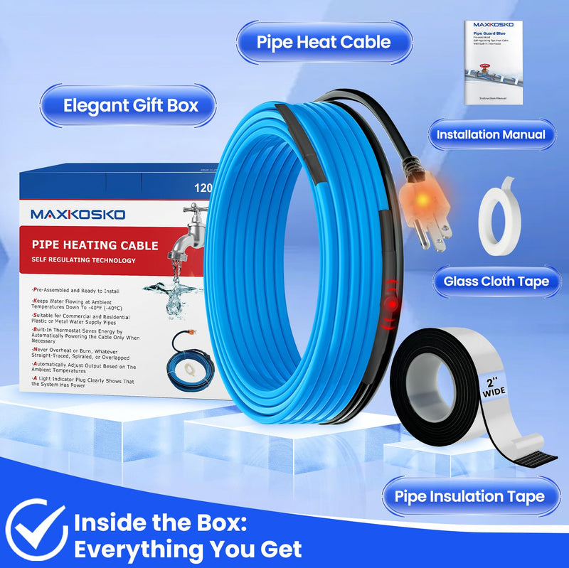 MAXKOSKO 6Feet Water Pipe Heat Trace Kit with Thermostat for Pipe Freeze Protection, 8.2 Ft x 2 In Self-Adhesive Outdoor Water Pipe Insulation Tape for 120V Electric Pipe Heat Cable Anti-freeze 6-Feet
