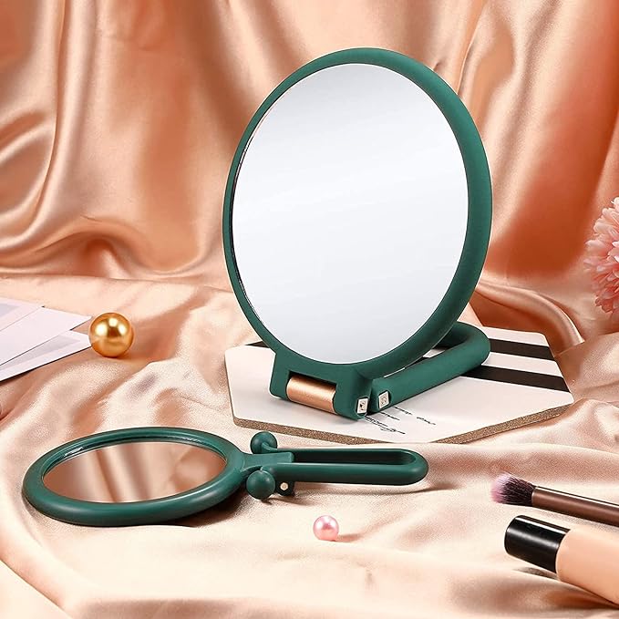 Hand Mirror Magnifier Desk Mirror 10x Equal Double Sided Mirror with Handle, Stand & Hand Mirror, Foldable Makeup Mirror, Convenient to Carry, Round Green - NewNest Australia