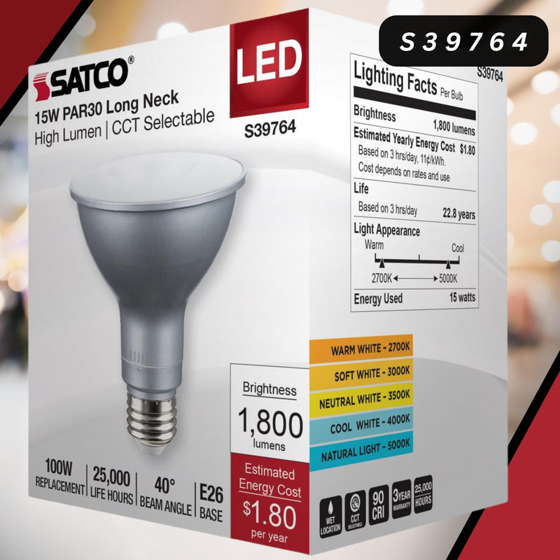 Satco S39764 15 Watt PAR30 Long Neck LED Reflector Light Bulbs High Lumen 27K/30K/35K/40K/50K CCT Selectable E26 Medium Base 120-277 Volt Wet Location Non-Dimmable (2 Pack)