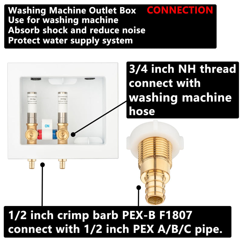 (1 Pack) Lidertik Washing Machine Outlet Box Crimp PEX-B, Single Control Valve with Stainless Steel Hammer Arrestors, Inlet 1/2 inch PEX-B F1807 Crimp Barb x Outlet 3/4 inch Male Thread LI-XYJH-621-M SS-Crimp PEX-B