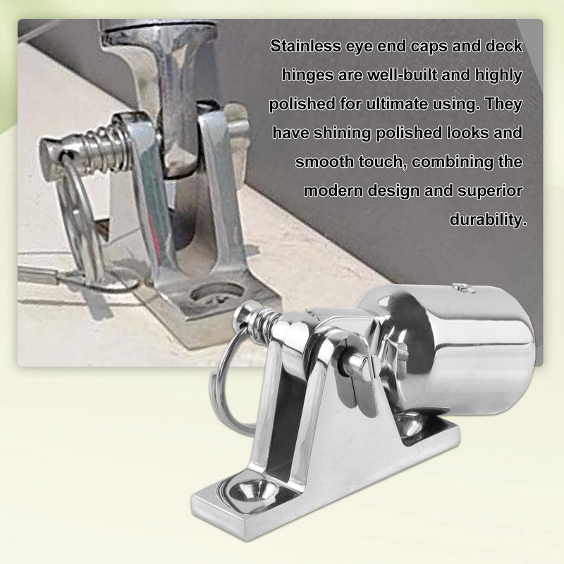 Bimini Top Hardware, Deck Hinge with Quick Release Pin & Eye End Cap, 316 Stainless Steel, Fits 7/8" OD Round Tubing (Set of 2 Pairs) 7/8 Inch