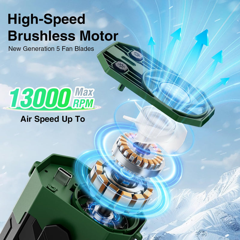 Portable Fan 4000mAh Rechargeable, 4 Speeds 13000RPM Strong Airflow, Personal Waist Fan with Max 24H Working Time, Wearable Clip Belt fan for Camping, Outdoor, Jobsite, Traveling -Green & Black Green