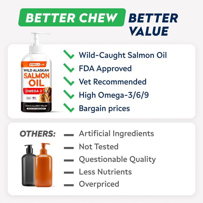 StrellaLab Wild Alaskan Salmon Oil for Dogs - Natural Omega 3 for Dogs & Cats, Itch & Allergy Relief, Skin & Coat Support - Fish Oil Liquid, EPA+DHA Fatty Acids for Hip&Joint, Immune&Heart Health 8 Oz 8 fl oz