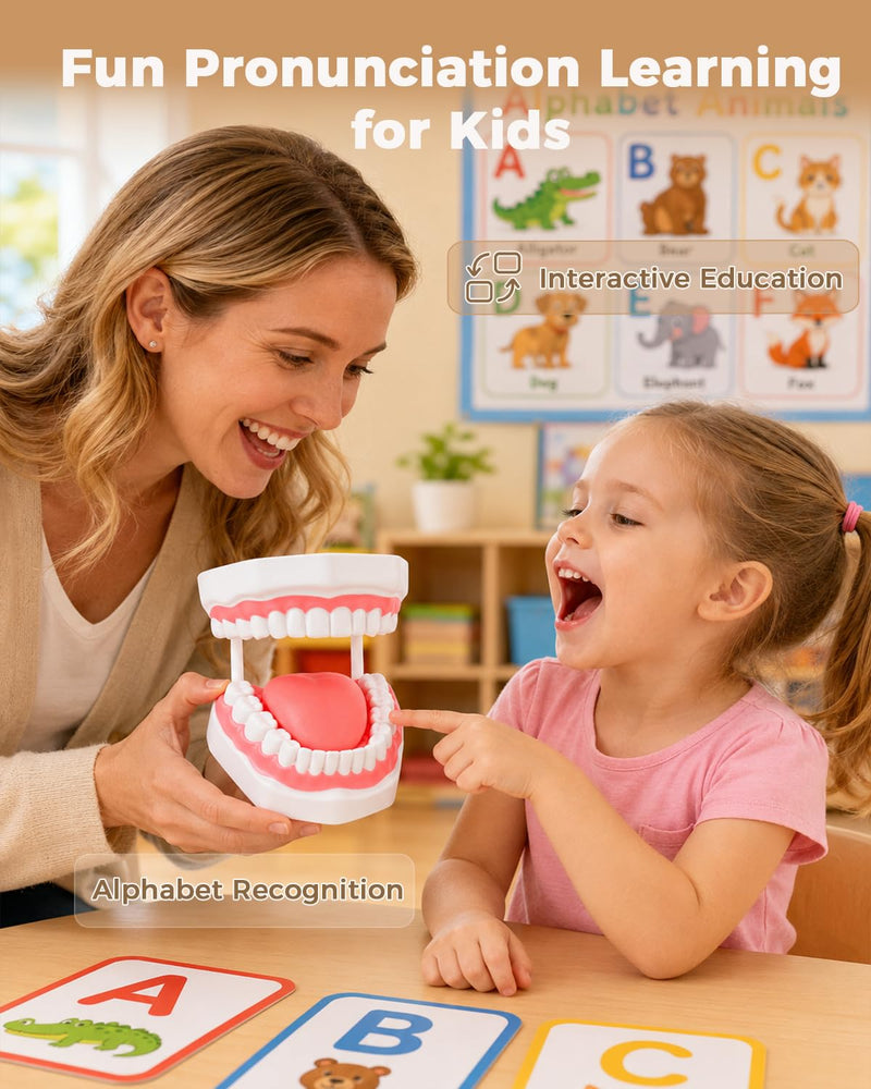 6X Teeth Mouth Model Set with White Hinge, Includes Tongue Depressor, Toothbrush and Letter Cards, 6X Enlarged Oral Cavity Model for Children's Brushing Training and Dental Hygiene Teaching