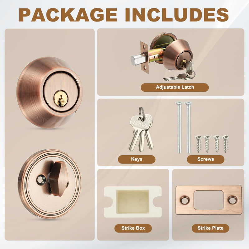 MECCANIXITY Keyed Alike Single Cylinder Deadbolt Door Lock Round Entry Front Door Handle Sets for Door Thickness 1.2-2 Inch (Red Bronze, Pack of 3) Red Bronze