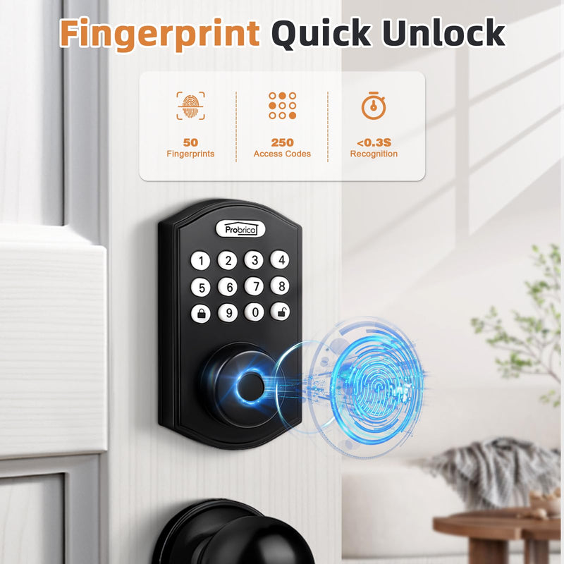 Probrico Smart Fingerprint Deadbolt with Door Knob for Front Door, Keyless Entry Door Lock Deadbolt, Door Knob with Smart Deadbolt Lock, Flat Black