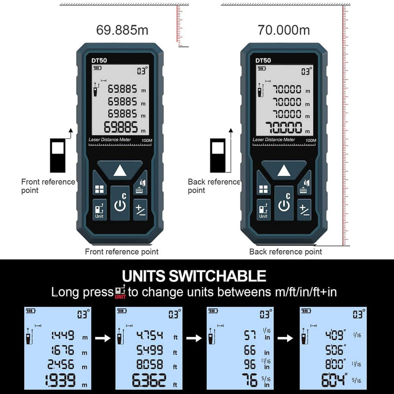 Laser Measure 165ft 330ft DT50 DT100 Gen-2 Laser Distance Meter 50M Portable Handle Digital Measure Tool Range Finder Larger Backlit LCD 4 Line Display IP54 Shockproof DT50 GEN-2