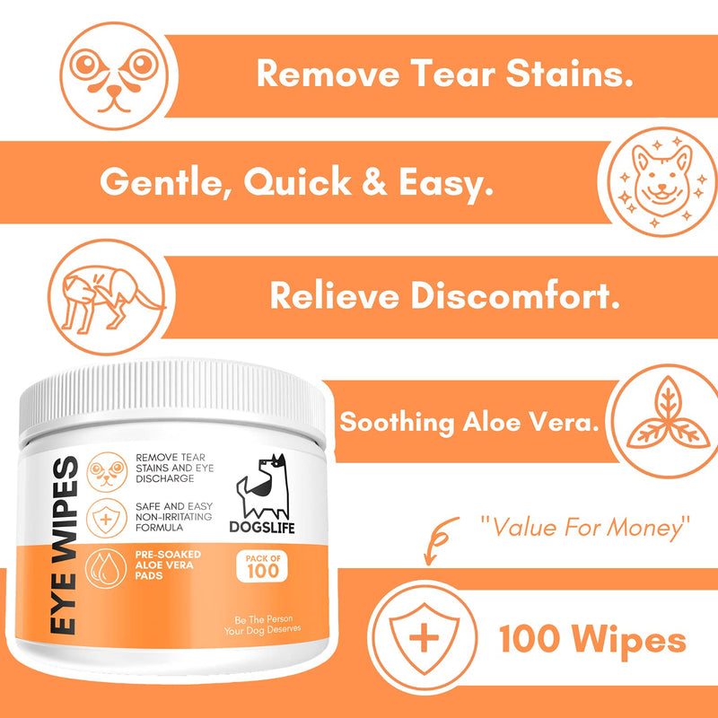 Dog Eye Wipes | Safe & Easy Cleaning Eye Wipes for Dogs | Remove Tear Stains, Dog Eye Crust & Eye Discharge | Pack of 100 | Soothing Aloe Vera Formula!