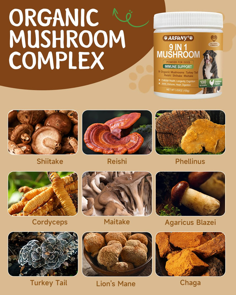 Turkey Tail for Dogs - 9 Organic Mushroom Supplement, Turkey Tail Mushroom for Dogs - Gut, Skin, Joint, Immune Health- Dog Lumps & Bumps