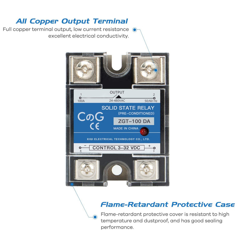 CG Solid State Relay SSR-100DA DC to AC Input 3-32VDC to Output 24-480VAC 100A Single Phase Plastic Cover… DC to AC 100A